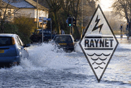 Flooded road and RAYNET logo
