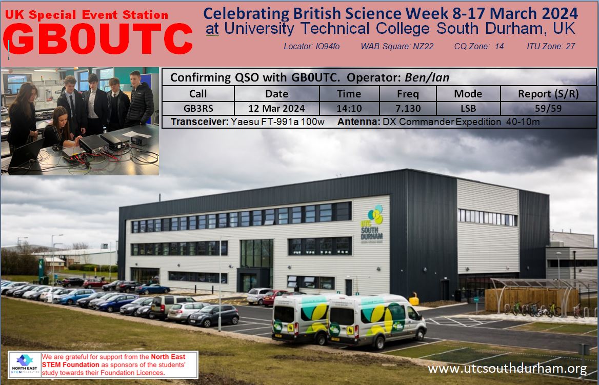 QSL card from University Technical College Durham for British Science Week 2025