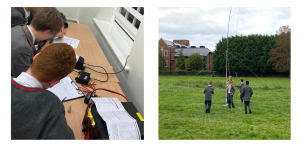 Two photos showing youngsters transmitting and inspecting an antenna on a school playing field