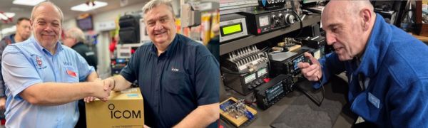  RSGB General Manager, Steve Thomas, M1ACB, being presented the radio by Chris Colclough, G1VDP Icom UK Amateur Radio Product Specialist at the Martin Lynch & Sons Open Day earlier this year. Second photo shows Dave, G8CQR operating on the IC-905 at the NRC 